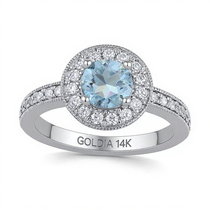 6.0mm Aquamarine and 0.38 CT. TW Lab-Grown Diamond Frame Vintage-Style Ring in 14K White Gold