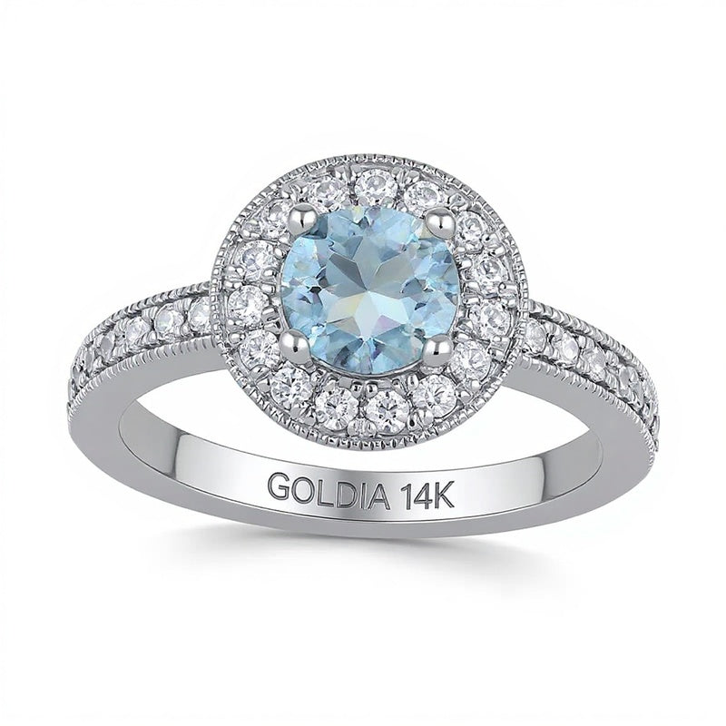 6.0mm Aquamarine and 0.38 CT. TW Lab-Grown Diamond Frame Vintage-Style Ring in 14K White Gold