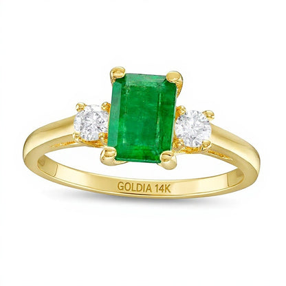 Emerald-Cut Emerald and 0.2 CT. TW Diamond Three Stone Ring in 14K Gold