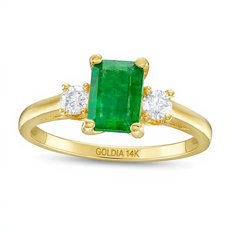 Emerald-Cut Emerald and 0.2 CT. TW Diamond Three Stone Ring in 14K Gold