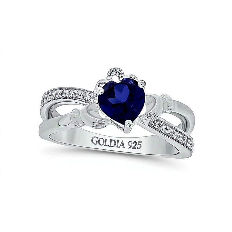 5.0mm Heart-Shaped Blue Lab-Created Sapphire and 0.1 CT. TW Diamond Criss-Cross Claddagh Ring in Sterling Silver