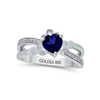 5.0mm Heart-Shaped Blue Lab-Created Sapphire and 0.1 CT. TW Diamond Criss-Cross Claddagh Ring in Sterling Silver