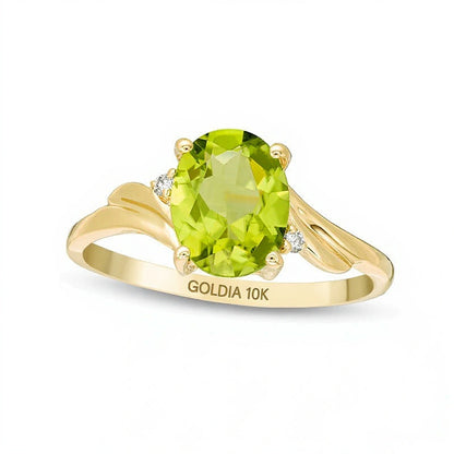 Oval Peridot and Diamond Accent Bypass Swirl Shank Ring in 10K Gold