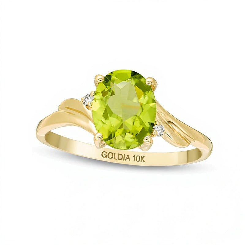 Oval Peridot and Diamond Accent Bypass Swirl Shank Ring in 10K Gold