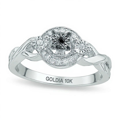 0.1 CT. TW Enhanced Black and White Diamond Three Stone Braid Promise Ring in 10K White Gold