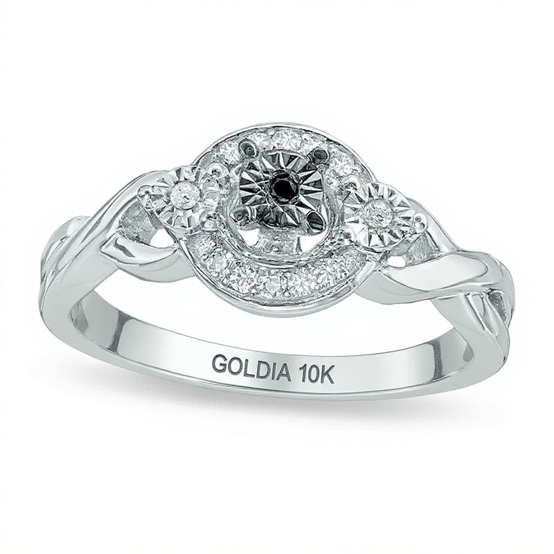 0.1 CT. TW Enhanced Black and White Diamond Three Stone Braid Promise Ring in 10K White Gold