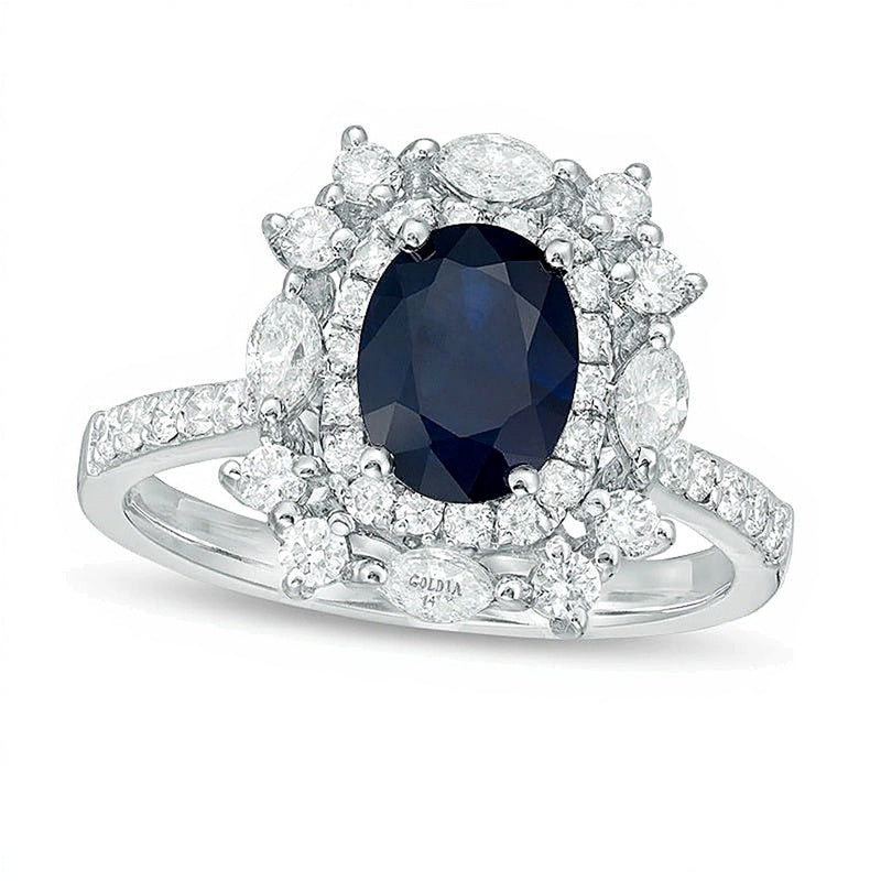Oval Blue Sapphire and 1.0 CT. TW Diamond Cushion-Shape Starburst Frame Vintage-Style Ring in 14K White Gold