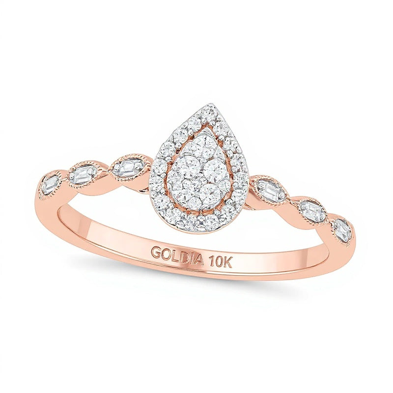 0.2 CT. TW Composite Baguette and Round Diamond Pear-Shaped Frame Scallop Shank Promise Ring in 10K Rose Gold