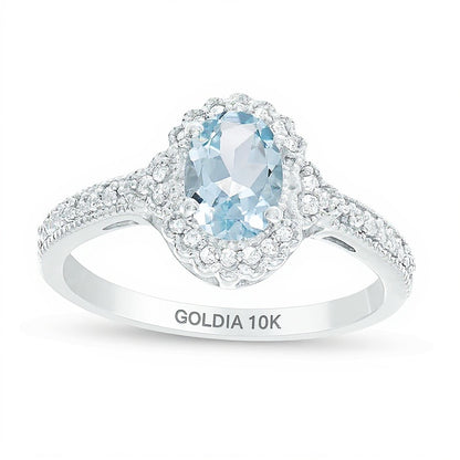 Oval Aquamarine and 0.13 CT. TW Diamond Frame Vintage-Style Ring in 10K White Gold