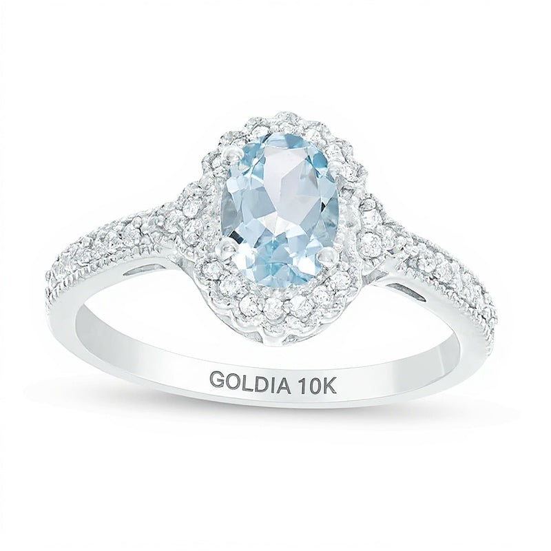 Oval Aquamarine and 0.13 CT. TW Diamond Frame Vintage-Style Ring in 10K White Gold