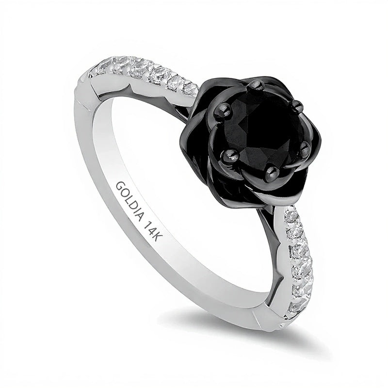 Enchanted Disney Villains Maleficent 1.0 CT. TW Black and White Diamond Rose Engagement Ring in 14K White Gold