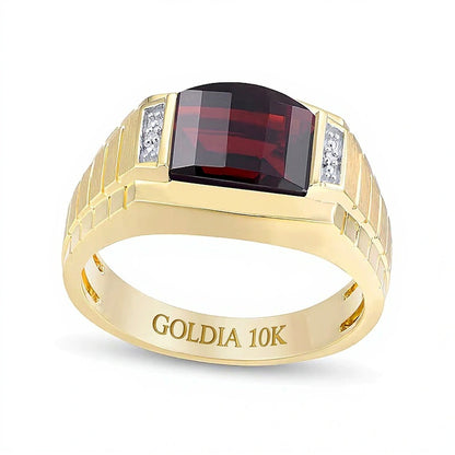 Barrel-Shaped Garnet and Diamond Accent Ribbed Shank Comfort-Fit Ring in 10K Gold