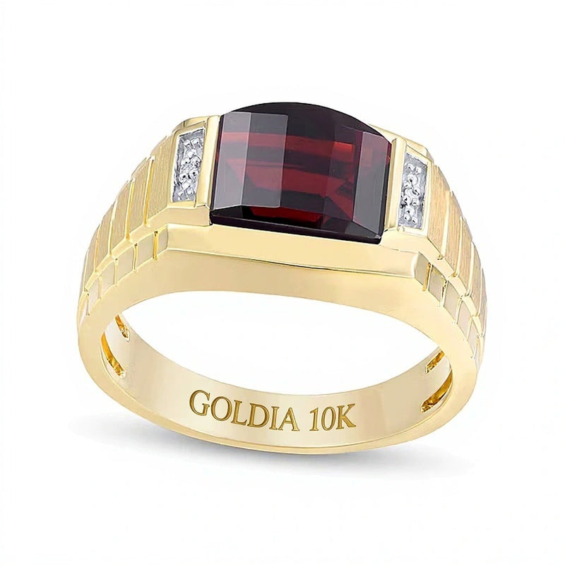 Barrel-Shaped Garnet and Diamond Accent Ribbed Shank Comfort-Fit Ring in 10K Gold