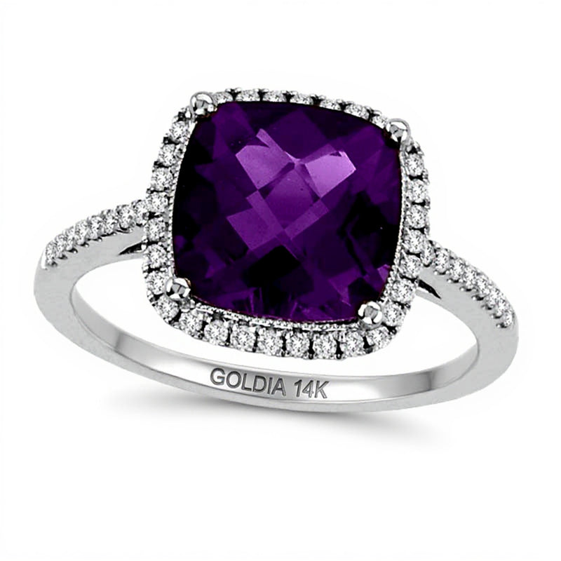 9.0mm Cushion-Cut Amethyst and 0.25 CT. TW Diamond Ring in 14K White Gold