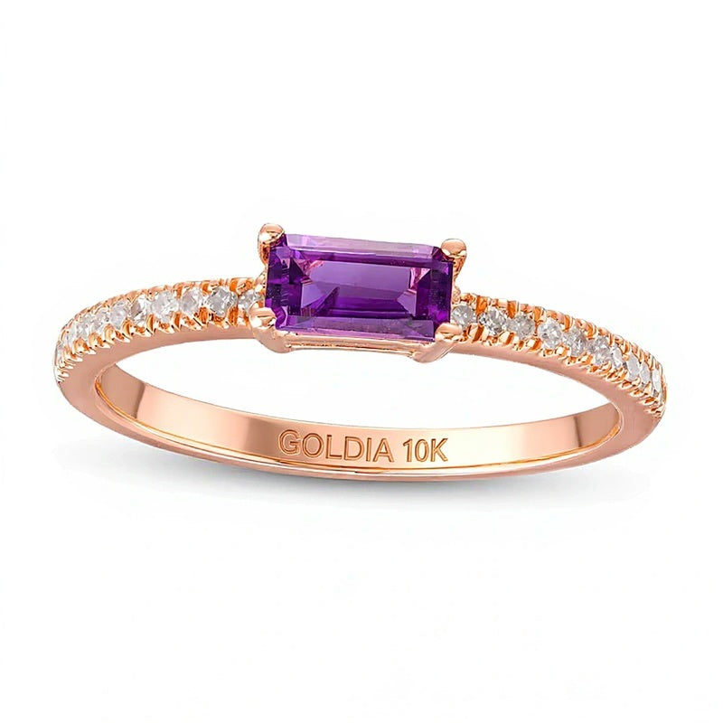 Sideways Baguette Amethyst and 0.1 CT. TW Diamond PavÃ© Ring in 10K Rose Gold