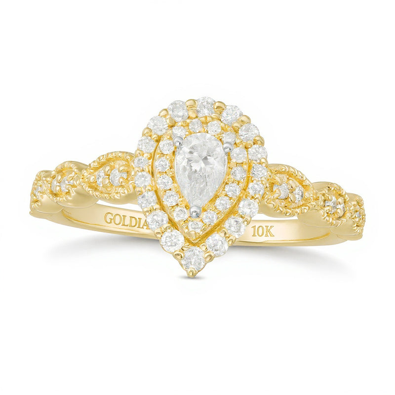 0.38 CT. TW Pear-Shaped Diamond Double Frame Art Deco Vintage-Style Engagement Ring in 10K Gold