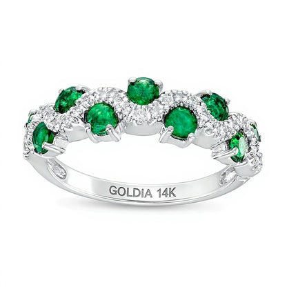 3.0mm Emerald and 0.17 CT. TW Diamond Staggered Wave Band in 14K White Gold