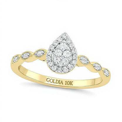 0.2 CT. TW Composite Baguette and Round Diamond Pear-Shaped Frame Scallop Shank Promise Ring in 10K Gold