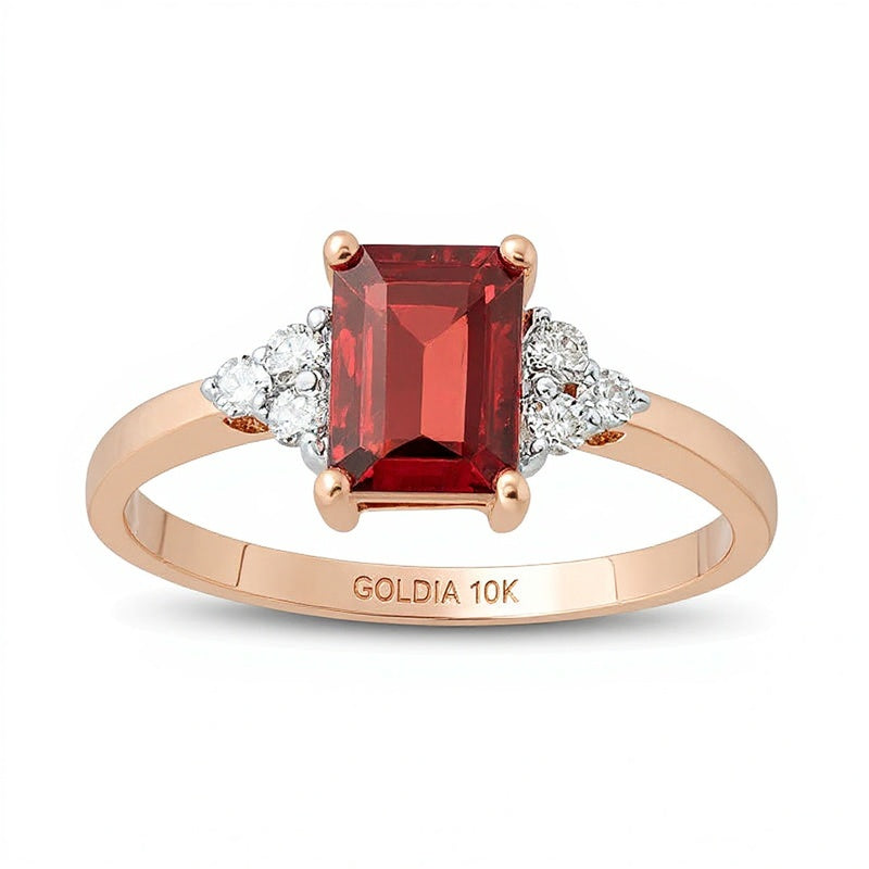 Emerald-Cut Garnet and 0.13 CT. TW Diamond Tri-Sides Engagement Ring in 10K Rose Gold