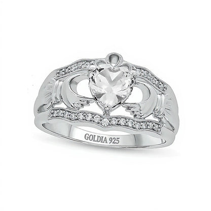 6.0mm Heart-Shaped White Lab-Created Sapphire and 0.1 CT. TW Diamond Vintage-Style Claddagh Ring in Sterling Silver