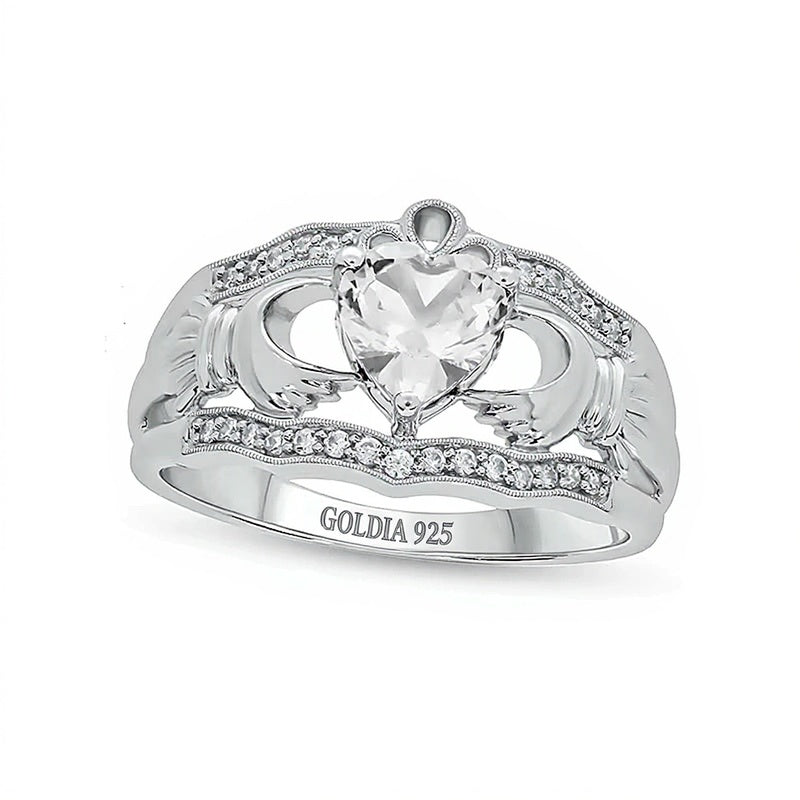 6.0mm Heart-Shaped White Lab-Created Sapphire and 0.1 CT. TW Diamond Vintage-Style Claddagh Ring in Sterling Silver