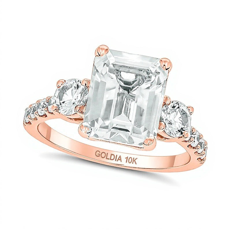 Emerald-Cut and Round White Lab-Created Sapphire and 0.2 CT. TW Diamond Three Stone Ring in 10K Rose Gold