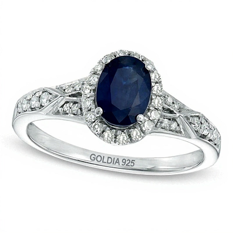 Oval Blue Sapphire and 0.2 CT. TW Diamond Ring in Sterling Silver