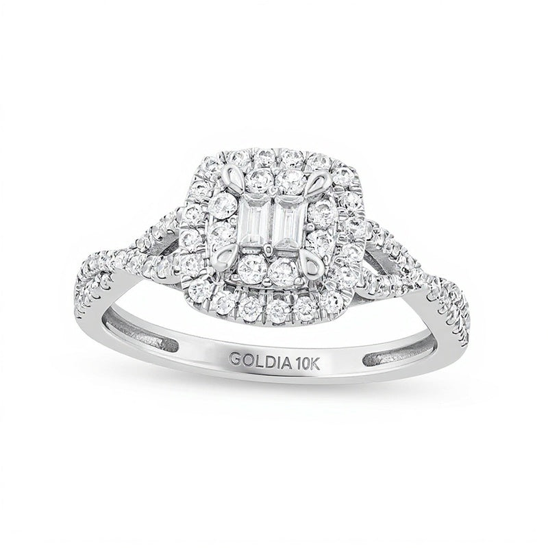 0.5 CT. TW Cushion Multi-Diamond Twist Split Shank Ring in 10K White Gold