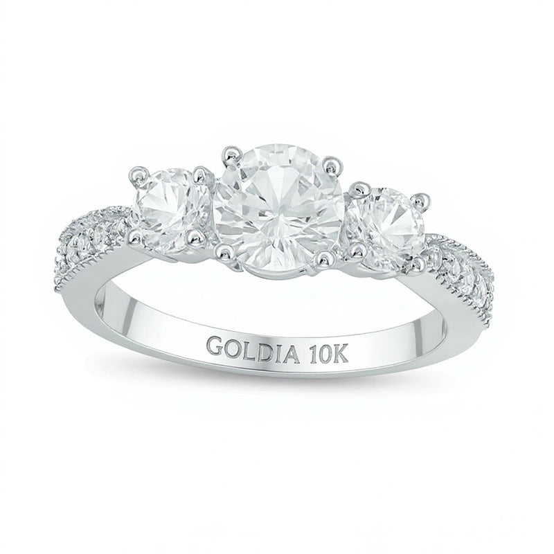 Lab-Created White Sapphire Three Stone Engagement Ring in 10K White Gold