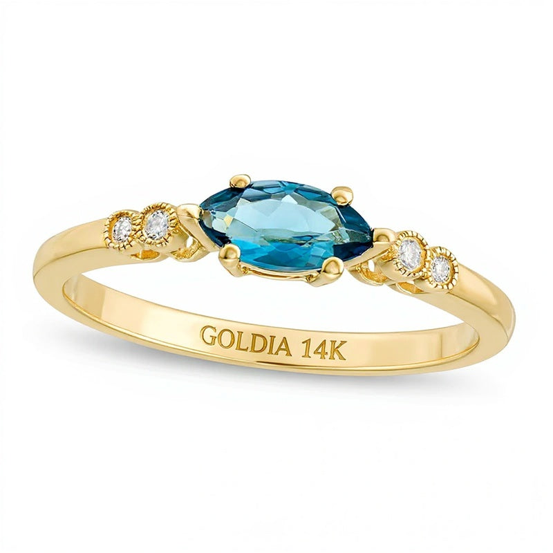 Sideways Marquise London Blue Topaz and and Diamond Accent Bezel-Set Art Deco Ring in 14K Gold