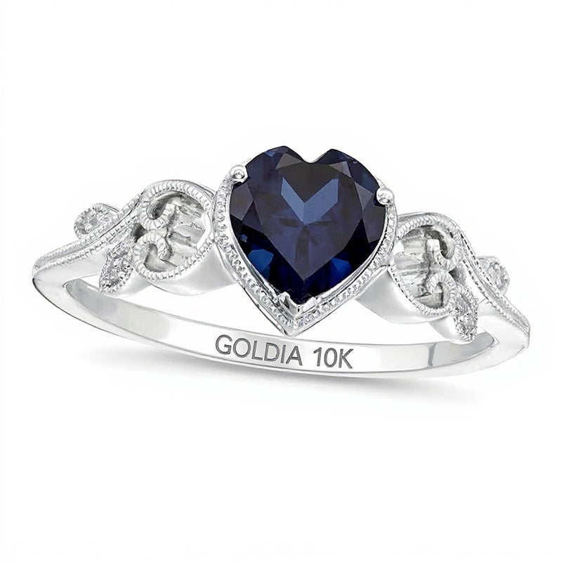 5.0mm Heart-Shaped Lab-Created Blue Sapphire and Diamond Accent Vintage-Style Filigree Ring in 10K White Gold