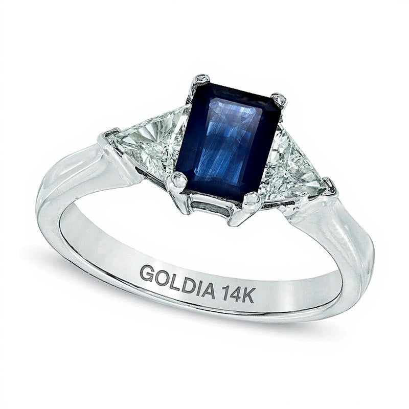 Emerald-Cut Blue Sapphire and 0.5 CT. TW Trillion-Cut Diamond Ring in 14K White Gold