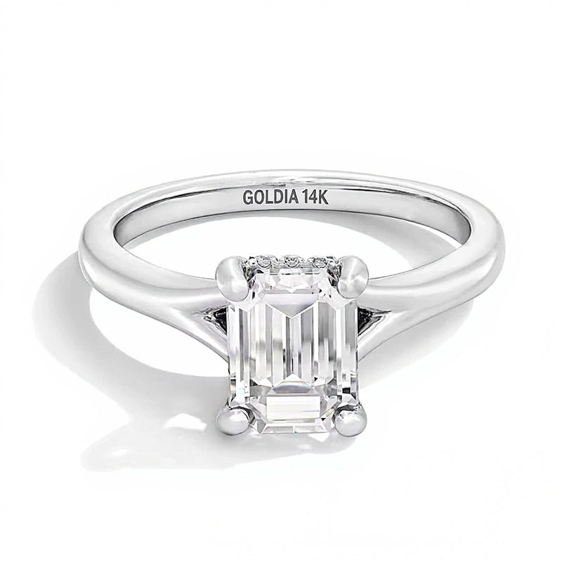 2.0 CT. TW Emerald-Cut Lab-Grown Diamond Solitaire Split Shank Engagement Ring in 14K White Gold (F/VS2)
