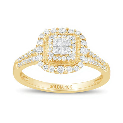 0.5 CT. TW Princess-Cut Quad Diamond Square Frame Vintage-Style Engagement Ring in 10K Gold