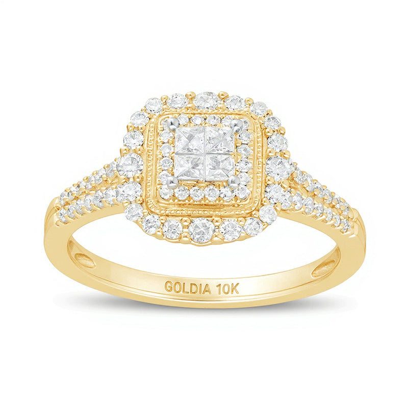 0.5 CT. TW Princess-Cut Quad Diamond Square Frame Vintage-Style Engagement Ring in 10K Gold