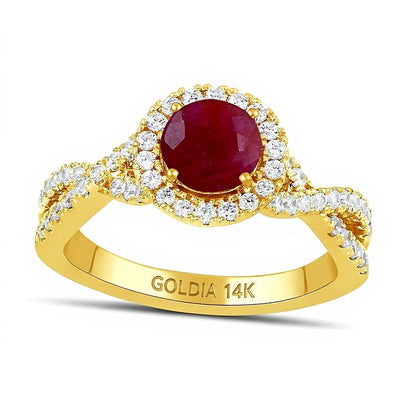 6.0mm Ruby and 0.5 CT. TW Lab-Grown Diamond Frame Crossover Shank Ring in 14K Gold