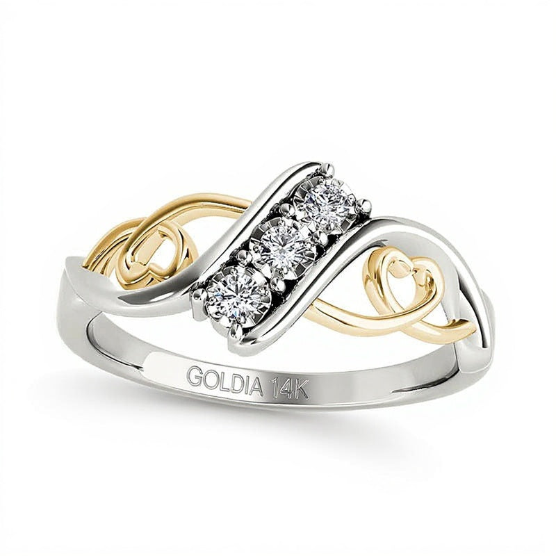 0.1 CT. TW Diamond Three Stone Bypass with Hearts Ring in 14K White Gold and Yellow Rhodium