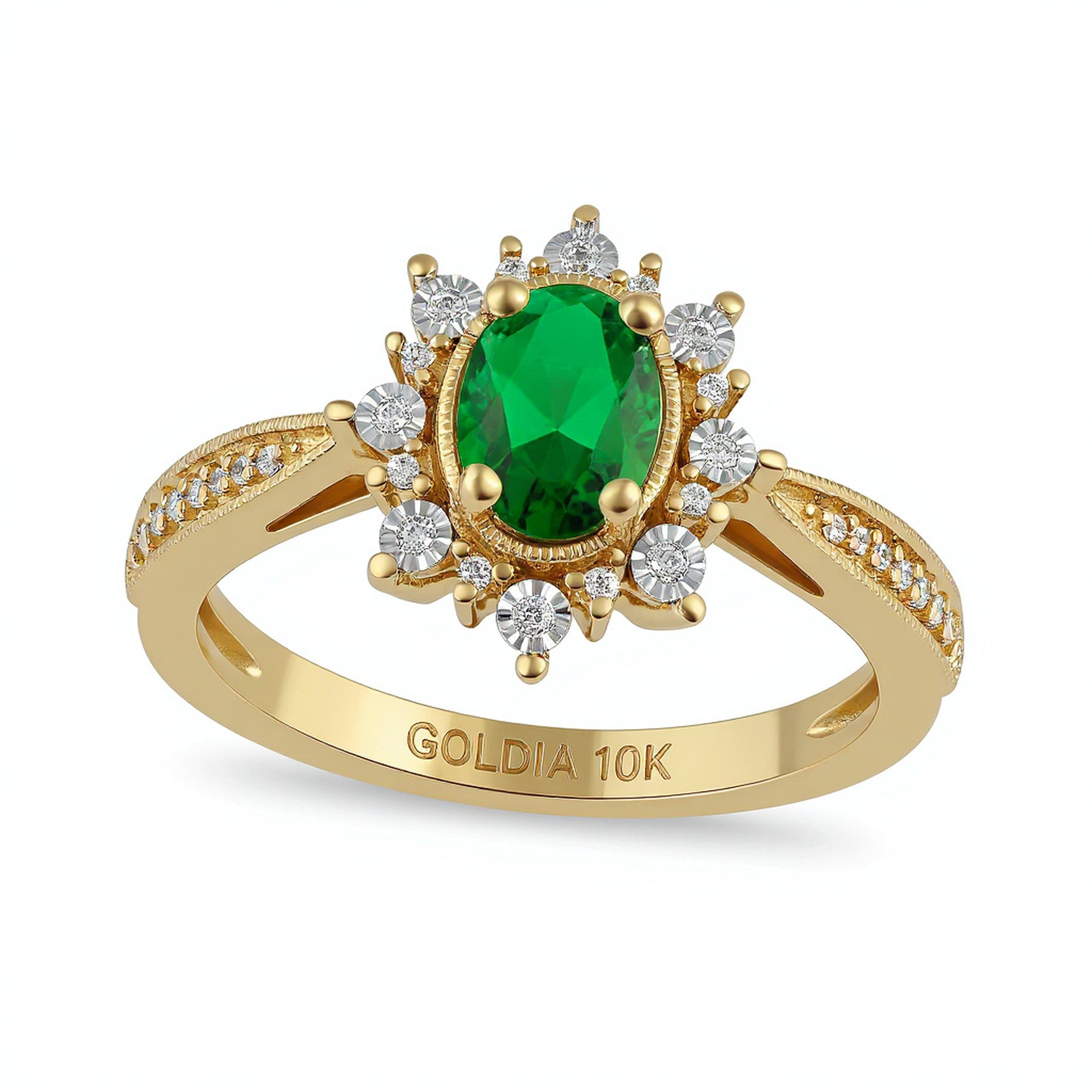 Oval Emerald and 0.1 CT. TW Diamond Sunburst Frame Vintage-Style Tapered Shank Ring in 10K Gold