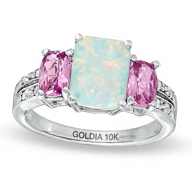 Cushion-Cut Lab-Created Opal, Pink Sapphire and Diamond Accent Ring in 10K White Gold