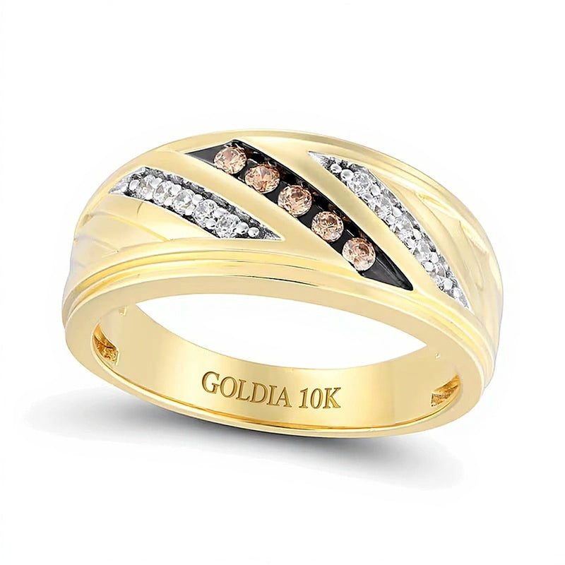 0.25 CT. TW Champagne and White Diamond Triple Row Slant Ring in 10K Gold