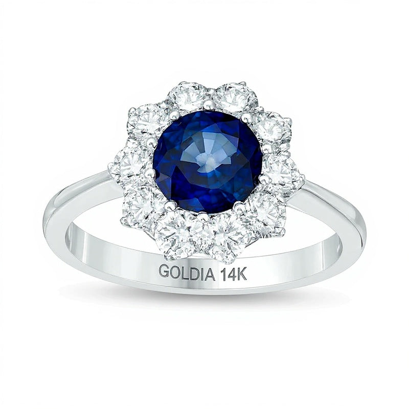 7.0mm Blue Sapphire and 1.0 CT. TW Diamond Sunburst Frame Ring in 14K White Gold