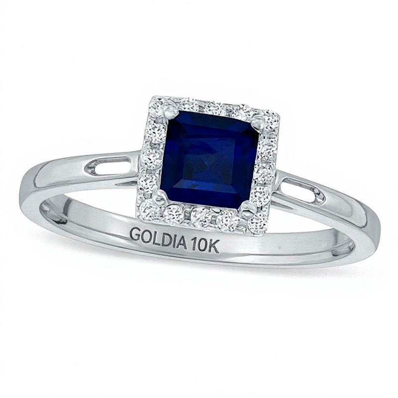Princess-Cut Lab-Created Blue Sapphire and 0.14 CT. TW Diamond Engagement Ring in 10K White Gold