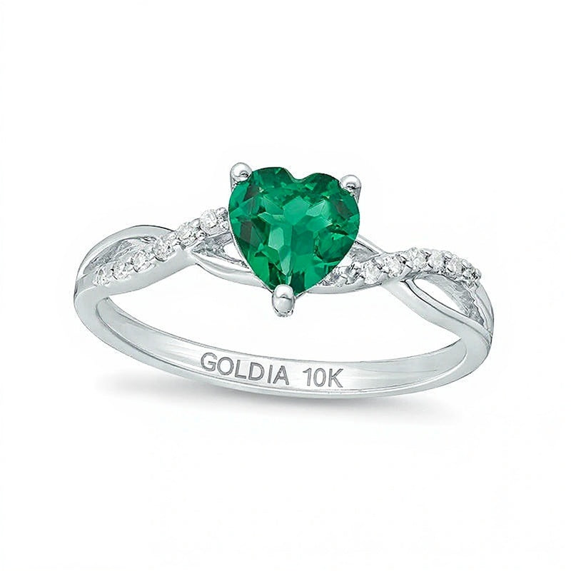 6.0mm Heart-Shaped Lab-Created Emerald and 0.05 CT. TW Diamond Twist Shank Ring in 10K White Gold