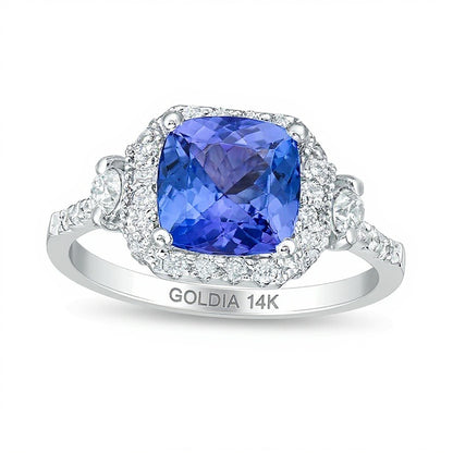 8.0mm Cushion-Cut Tanzanite and 0.5 CT. TW Diamond Octagonal Frame Side Accent Ring in 14K White Gold