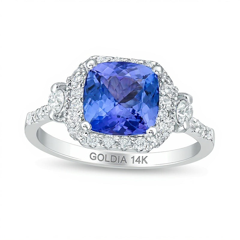 8.0mm Cushion-Cut Tanzanite and 0.5 CT. TW Diamond Octagonal Frame Side Accent Ring in 14K White Gold