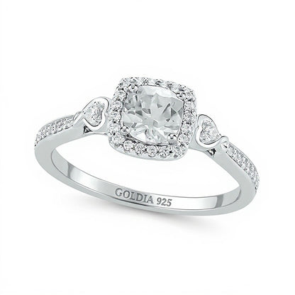 5.0mm Cushion-Cut White Lab-Created Sapphire and 0.17 CT. TW Diamond Frame Engagement Ring in Sterling Silver