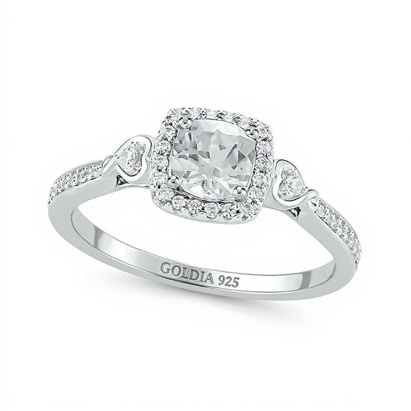 5.0mm Cushion-Cut White Lab-Created Sapphire and 0.17 CT. TW Diamond Frame Engagement Ring in Sterling Silver