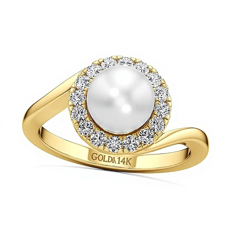 7.0mm Freshwater Cultured Pearl and 0.33 CT. TW Lab-Grown Diamond Frame Bypass Shank Ring in 14K Gold