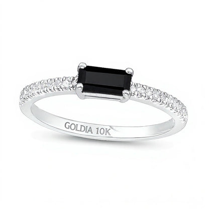 Sideways Baguette Onyx and 0.1 CT. TW Diamond PavÃ© Ring in 10K White Gold