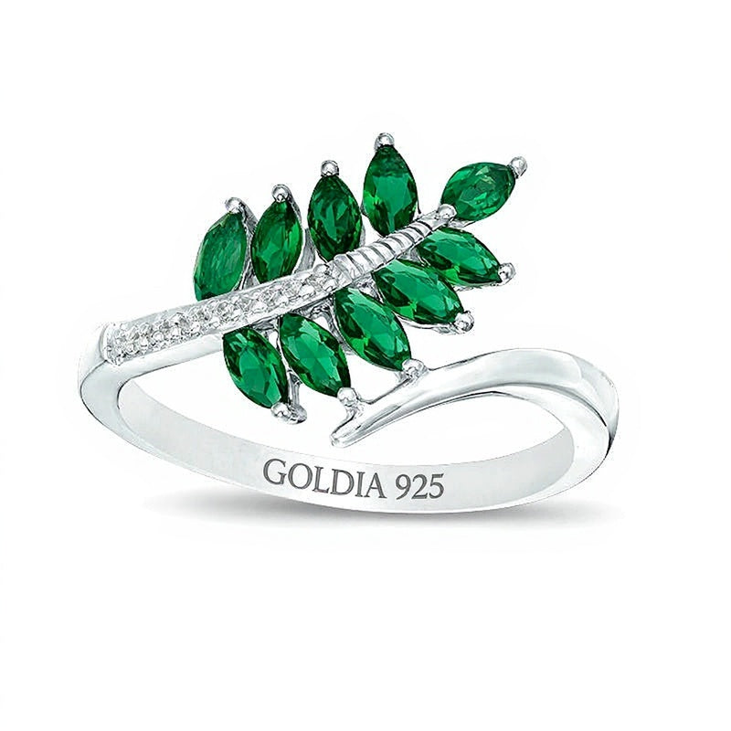 Marquise Lab-Created Emerald and Diamond Accent Bypass Leaf Ring in Sterling Silver